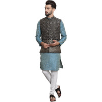 Sojanya (Since 1958 Men's Jacquard Silk Tgreen Kurta And Off-White Pyjama With Black Nehru Jacket