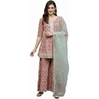 Stylum Women's Floral Printed Rayon Kurta Sharara Dupatta Set (Ksdmogra44_Peach, Xxl)