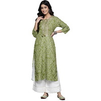 Varanga Women Olive Bhandhani Print Gota Yoke Embroidered Kurta With Round Neck, Tassel Detailing, Three-Quarter Sleeves, Straight Kurta With Side Slits (Medium)