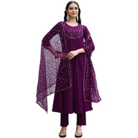 Womanista Women's Wine Color Pure Cotton Sequinns Embroidered Flared Kurta Set(Kurtaset_1368_L)