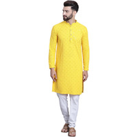 Sojanya (Since 1958 Men's Pure Cotton Yellow Sequence Kurta & White Pyjama Set