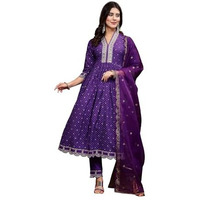 Stylum Women's Bandhani Printed & Embroidered Rayon Flared Kurta Pant Dupatta Set (Kpdvoilgalib36_Violet, S)