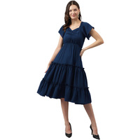Toochki Women's Blue Rayon Solid Tiered Western Dress | Dress For Women | A Line Dress | Winter Dress | Western Dress | Latest Women Dress | Trendy Dress | Midi Dress
