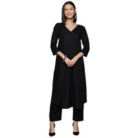 Varanga Women Black Solid A-Line Kurta With V-Neck, Three-Quarter Sleeves, Paired With Tonal Bottom