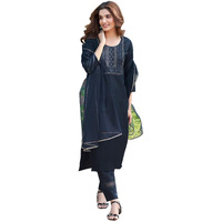 Sanisa Women's Cotton Blend Sequence Embroidery Work Straight Kurta With Pant And Dupatta Set (80Kbd901Nr-Xxl_Nvay Blue)