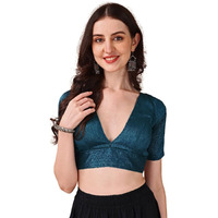 Womanista Silk Women's Dupion Solid Short Sleeve Regular Fit V Neck Blouse (Bl_70_Teal Large)