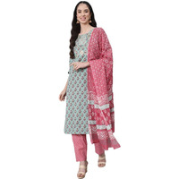Anubhutee Women's Cotton Green Ethnic Motifs Printed Straight Kurta Suit Set With Pants And Dupatta