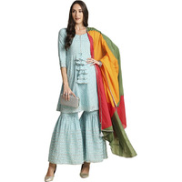 Anubhutee Women's Cotton Blue Gota Patti Geometric Printed A-Line Kurta Suit Set With Sharara And Dupatta