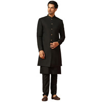 Kisah Men's Kurta Indo-Western Sherwani Trouser Set, Black Jacquard, Woven Design Regular Fit Mandarin Collar Long Sleeves (38)