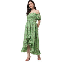 Oomph! Flared Dress For Women Stylish | Long One Piece For Women | Off Shoulder Puff Sleeve Long Dress | Floral Print Maxi One Piece | Western & Fusion Wear Bohemian Style