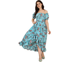 Oomph! Flared Dress For Women Stylish | Long One Piece For Women | Off Shoulder Puff Sleeve Long Dress | Floral Print Maxi One Piece | Western & Fusion Wear Bohemian Style Arctic Blue