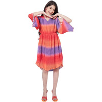 Pspeaches Girl's V-Neck Tie And Dye Striped Flared Sleeve Fit Flare Dress Orange Colortrendy Stylish Outfit (11-12Years)