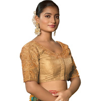 Pujia Mills Women's Readymade Blouse Embroidery Multi Coding Maggam Work Sequence Work Indian Ethnic Designer Stitched Readymade Saree Half Sleeve Gold Blouse For Women For Saree Lehenga Choli