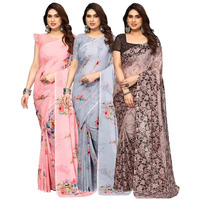 Satrani Women's Geoegette Saree With Unstitched Blouse Piece Combo Pack Of 3 (3112S2151N_3112S2152N_3112S2156N_Pink | Grey | Brown)