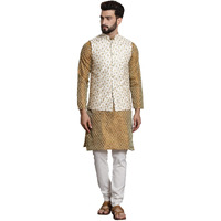 Sojanya (Since 1958 Men's Silk Blend Mustard Kurta & Cream Pyjama With Cream Embroidered Nehrujacket