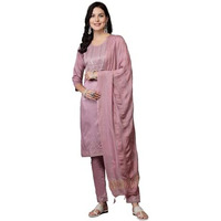 Stylum Women's Woven Design & Embroidered Silk Blend Straight Kurta Pant Dupatta Set (Kpdmalberrylazer38_Malberry, M)