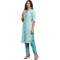 Tadkee Women Cotton Blend Printed Kurta With Pant (Nx-Plazzo-Pair-Zikzag-109-Aqua-L)