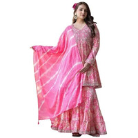 Varanga Women Pink Floral Printed Mirror Work Anarkali Kurta With Sharara And Dupatta