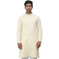 Jompers Yellow Men's Chikankari Embroidered And Sequence Kurtas (Yellow, L)