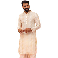 Kisah Men Pearl White Geometric Embellished Kurta Full Sleaves, Knee Length, Straight, Regular Fit, Mandarin Collar Ethnic Casual Wear
