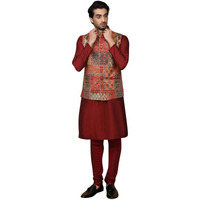 Kisah Mens Kurta Jacket Churidar Set, Printed Mandarin Collar Long Sleeves Silk Blend, Multi Ethnic Wear Set For Men, 40