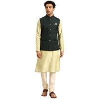 Kisah Men's Kurta Jacket Churidar Set, Green Pure Cotton, Regular Fit Solid Dyed Mandarin Collar Long Sleeves (40)