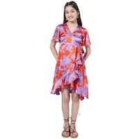 Pspeaches Girl's Floral Printed Flutter Sleeve Satin Wrap Dress Purple Color Stylish & Trendy (14-15Years)