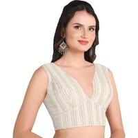 Pujia Mills Women's Indian Ethnic Wear Sabyasachi Sequence With Dhaga Embroidered Zari Work Sweetheart Neck Blouse Sleeveless Readymade Padded Saree Back Open String Pattern Blouse