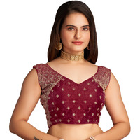 Pujia Mills Women's Sequin Embroidered V Neck Sleeveless Maroon Readymade Saree Blouse Indian Ethnic Stitched Padded Blouses For Women