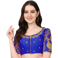 Pujia Mills Women's Silk Embroidery Half Sleeve Readymade Blouse (Morr Blouse_Royal Blue_38)