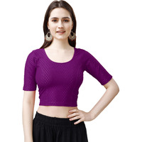 Pujia Mills Women's Readymade Dobby Cotton Lycra Stretchable Round Neck Half Sleeve Blouse Fancy Wine Color Lycra Stretchable Blouse For Women Stylish Readymade Saree Blouse