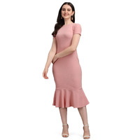 Purvaja Women's Corduroy Bodycon Midi Dress (Ruby-002-Pe-M_Peach