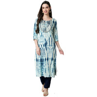 Rytras Women's Tie & Dye Embroidered Straight Kurta(Blue,S)