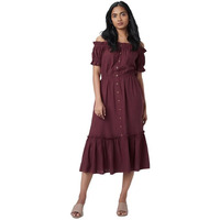 Selvia Women's Solid Off Shoulder Sleeve Crepe Off Shoulder Fit & Flare Dress (526Tk7684N-M_Maroon)