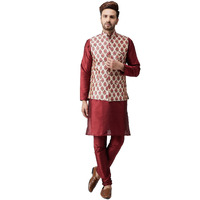 Sojanya (Since 1958 Men's Silk Maroon Kurta Pyjama & Printed Nehru Jacket Set Size Xxl