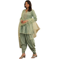 Stylum Women's Bandhani Printed & Embroidered Rayon Pleated Kurti With Dhoti Pant & Dupatta Set (Kpdgreenink38_Green, M)