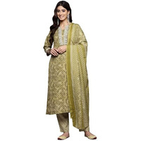 Varanga Women Green Round Neck Printed Yoke Embroidered Kurta With Bottom And Dupatta