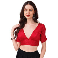 Womanista Women's Dupion Silk Solid Short Sleeve Regular Fit V Neck Blouse (Bl_65_Red Xl)