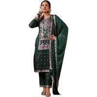 Ishin Women's Poly Silk Ethnic Motifs Foil Print Green Straight Kurta Suit Set With Trousers And Dupatta