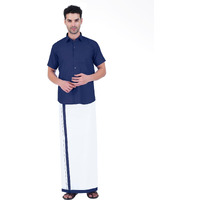 Prakasam Cotton Mens Cotton Plain Colour Shirt With Matching Border Cotton Blended White Single (1.28X2.00 Mtsr) Dhoti Set For Mens
