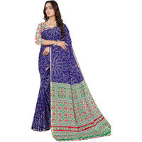 Satrani Women's Pure Cotton Bandhani Printed Zari Stripe Border Saree With Unstitched Blouse Piece (3862S129N_Dark Blue)