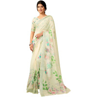 Satrani Women's Linen Printed & Zari Border Ready To Wear One Minute Pre Pleated Readymade Saree With Unstitched Blouse Piece (35Rs336N_Cream & Multi)
