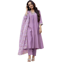 Shienzy Women's Embroidered Work Chanderi Kurta & Pant With Dupatta || Straight Kurta Outfits || Ethnic Set (1656_Prl_L) Purple