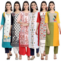 Pinkmint Elegant Printed Crepe Kurti's For Women's Ll Fashionable Kurti Ll Stright Round Neck Kurti (Pack Of 6)