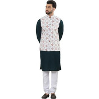 Sojanya (Since 1958 Men's Pure Cotton Brown Kurta And White Pyjama With Printed Cream Nehru Jacket