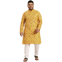 Sojanya Plus (Since 1958) Men's Cotton Linen Yellow And Multi Printed Kurta And White Pyjama Set