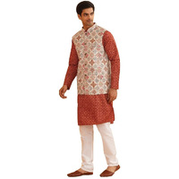 Sojanya (Since 1958 Men's Cotton Linen Maroon Kurta And White Pyjama With Cream Nehru Jacket