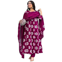 Toochki Women's Rayon Viscose Anarkali Printed Kurta With Palazzo & Dupatta Wine