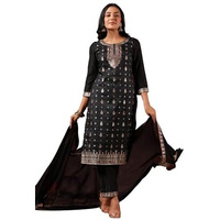Ishin Women's Poly Silk Ethnic Motifs Foil Print Black Straight Kurta Suit Set With Trousers & Dupatta
