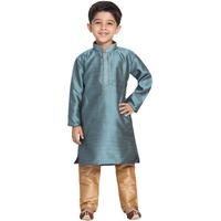 Jbn Creation Boys' Azure And Rose Gold Silk Blend Kurta And Pyjama Set_Vasbk047Aqnprg_22